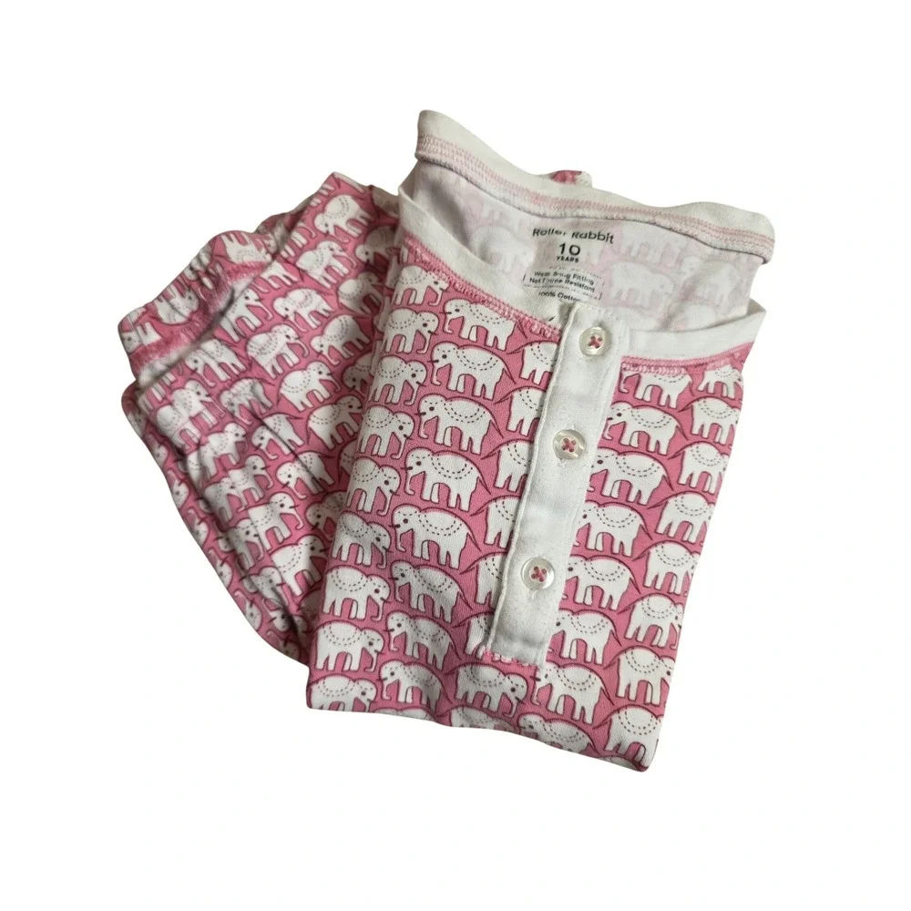 Roller Rabbit Kids Pink Hathi Elephant Pajama Set 100% Cotton Size 10 Years